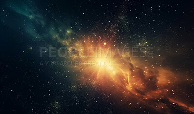 Buy stock photo Universe, cosmos and dust cloud in dark sky of astrology, solar system and galaxy supernova for science research. Ai generated, color and space flare with nebula, explosion and cosmic gas background