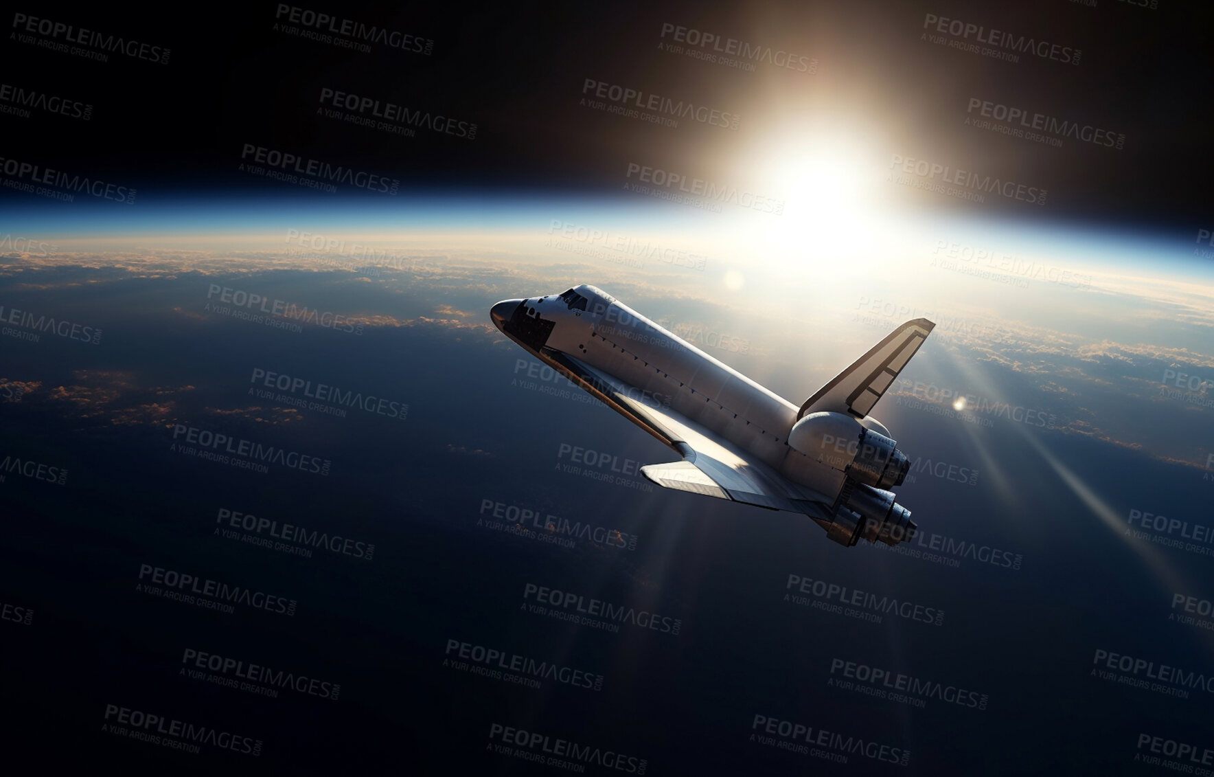 Buy stock photo Earth space ship, dark sky and rocket in take off, adventure and atmosphere for exploration, discovery mission or science research. Ai generated, shuttle or travel in solar system, universe or galaxy
