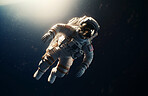Astronaut, suit and spaceman floating in space for astronomy exploration, science research and navigation discovery. Ai generated, person and scientist in travel, adventure and solar system mockup
