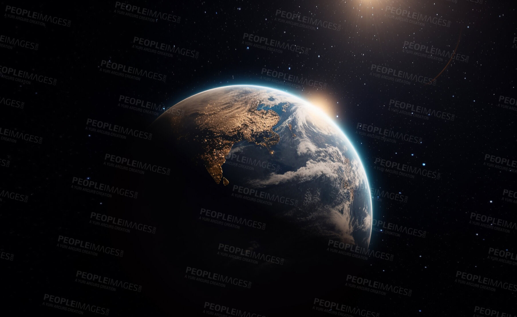 Buy stock photo Earth, surface or sunset in space, universe and galaxy for science research, astrology and planet exploration. Ai generated, astronomy and solar system with world sunrise, dark sky or night mockup