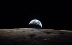 Moon, surface and world view in space, universe and galaxy for science research, astrology and planet exploration. Ai generated crater, astronomy and solar system with earth, dark sky or night mockup