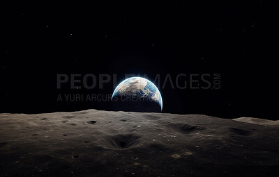 Buy stock photo Moon, surface and world view in space, universe and galaxy for science research, astrology and planet exploration. Ai generated crater, astronomy and solar system with earth, dark sky or night mockup
