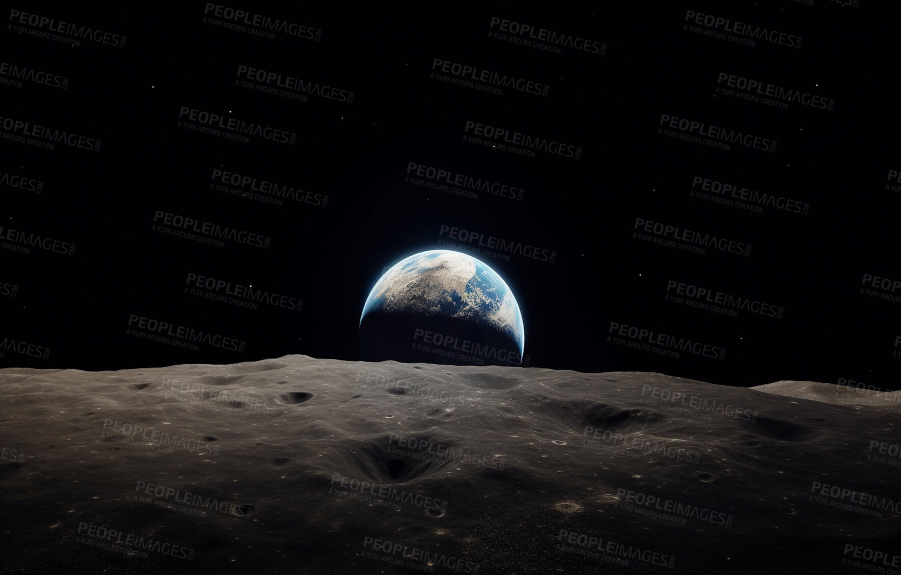 Buy stock photo Moon, surface and world view in space, universe and galaxy for science research, astrology and planet exploration. Ai generated crater, astronomy and solar system with earth, dark sky or night mockup