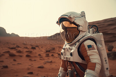 Buy stock photo Astronaut, man and suit in mars planet exploration, science research and navigation discovery. Ai generated, person and scientist in space travel achievement, adventure and solar system safety gear