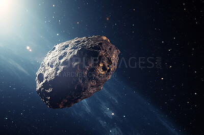 Buy stock photo Asteroid, meteor and debris in space from explosion, apocalypse and armageddon danger in dark sky creation. Ai generated, comet and meteorite rocks in solar system, universe and galaxy background