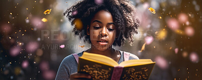 Buy stock photo Fantasy, book and magic with black girl and reading for fairytale, education and learning. Ai generated, inspiration and banner with kid and study for youth, storytelling and child development