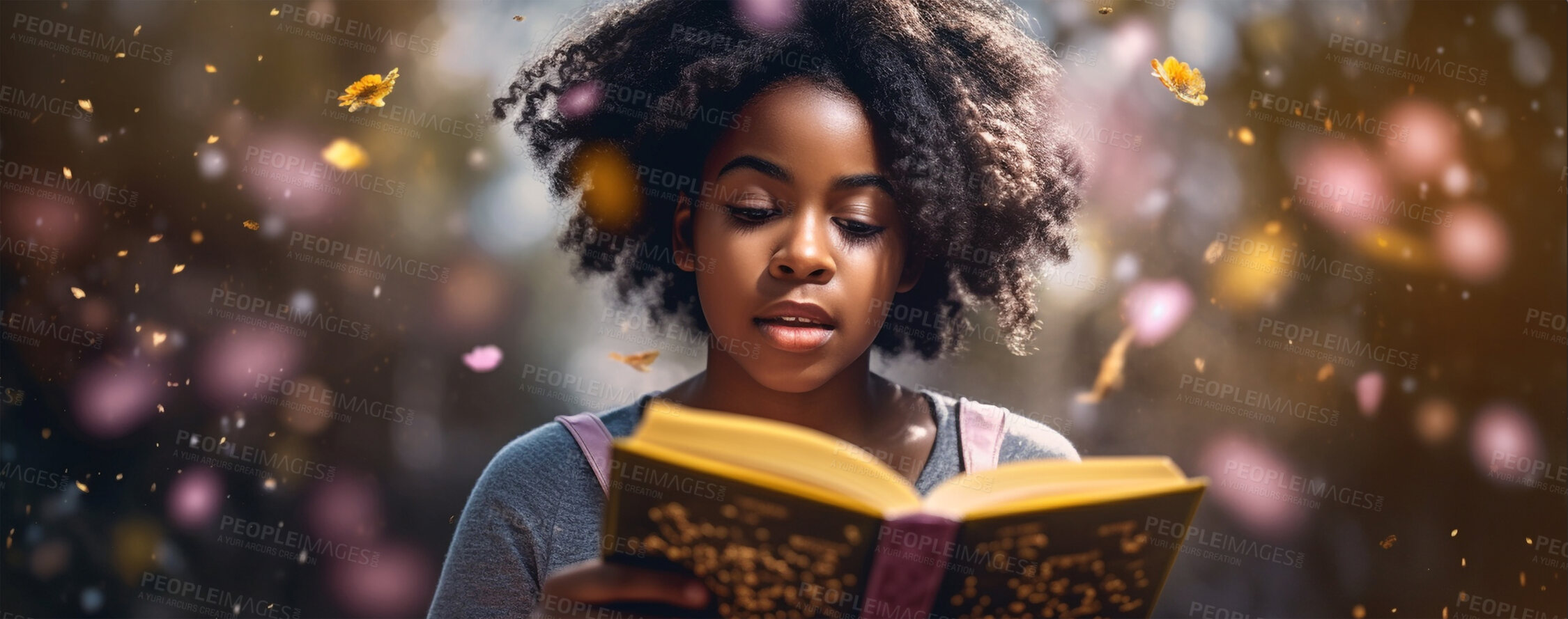 Buy stock photo Fantasy, book and magic with black girl and reading for fairytale, education and learning. Ai generated, inspiration and banner with kid and study for youth, storytelling and child development