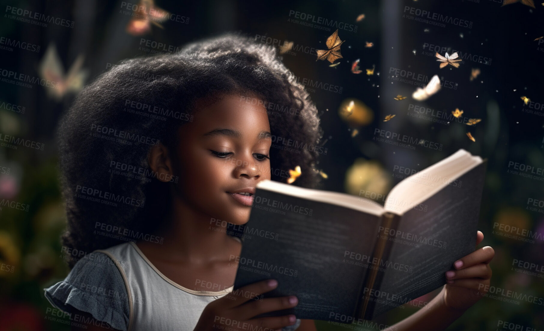 Buy stock photo Fantasy, book and storytelling with black girl and reading for fairytale, imagination and learning. Ai generated, inspiration and forest with kid and study for youth, night and child development