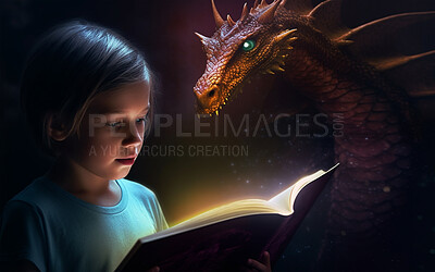 Buy stock photo Fantasy, book and dragon with child and reading for fairytale, imagination and learning. Ai generated, inspiration and education with kid and light for literature, knowledge or storytelling