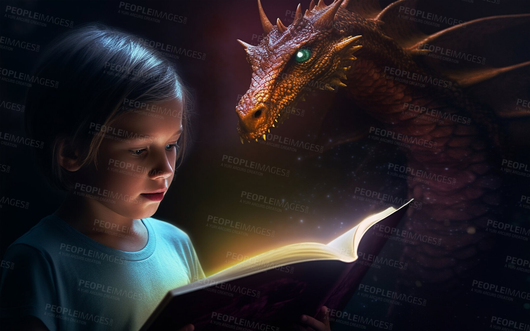 Buy stock photo Fantasy, book and dragon with child and reading for fairytale, imagination and learning. Ai generated, inspiration and education with kid and light for literature, knowledge or storytelling