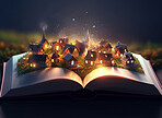 Magic, fantasy and night with book and village for fairytale, imagination and flowers. Ai generated, inspiration and learning with education literature for magical, education and storytelling