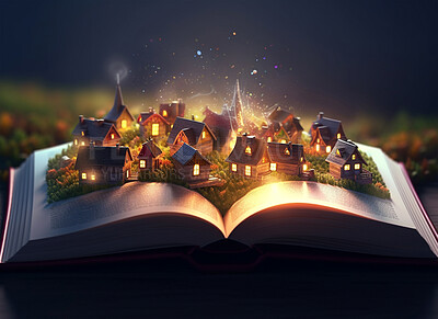 Buy stock photo Magic, fantasy and night with book and village for fairytale, imagination and flowers. Ai generated, inspiration and learning with education literature for magical, education and storytelling