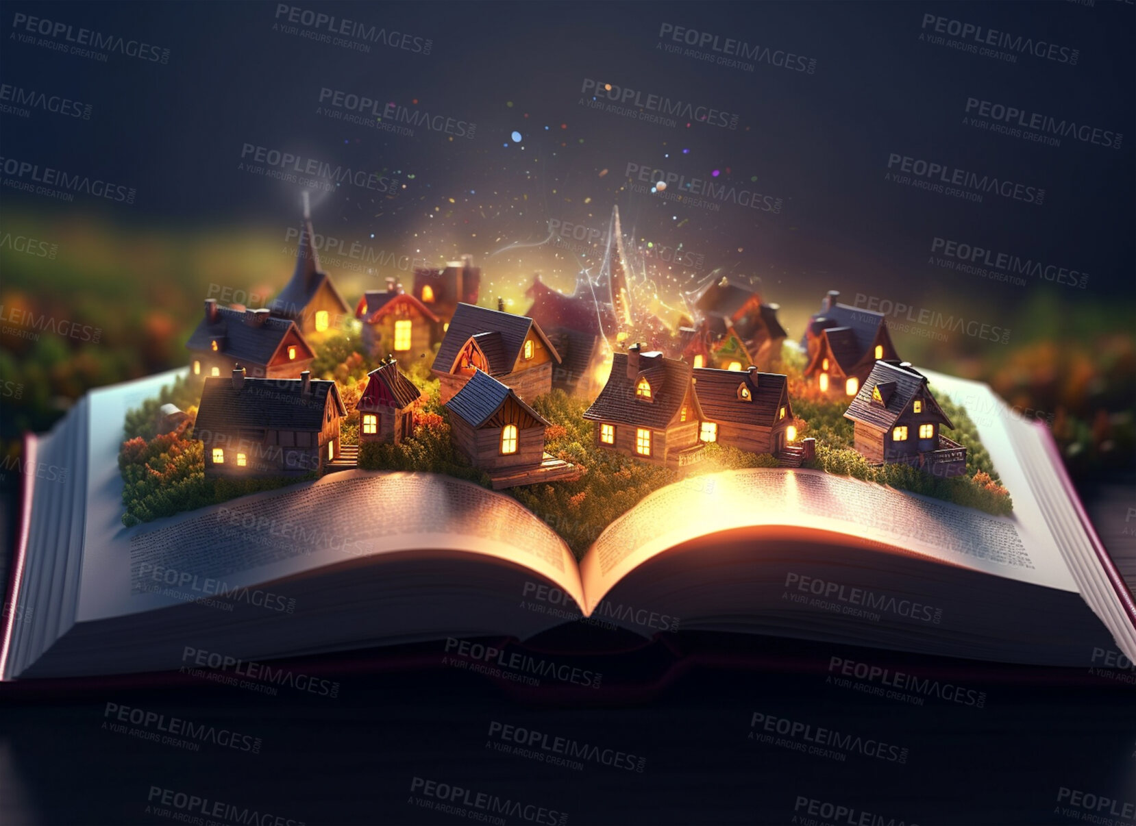 Buy stock photo Magic, fantasy and night with book and village for fairytale, imagination and flowers. Ai generated, inspiration and learning with education literature for magical, education and storytelling