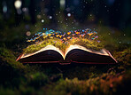 Magic, fantasy and night with book in forest for fairytale, imagination and flowers. Ai generated, inspiration and learning with education literature and light for magical, education and trees