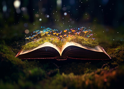 Magic, fantasy and night with book in forest for fairytale, imagination and flowers. Ai generated, inspiration and learning with education literature and light for magical, education and trees