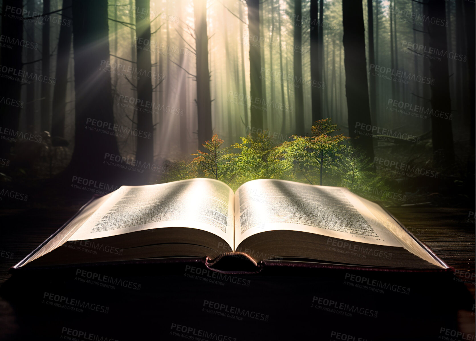 Buy stock photo Magic, fantasy and forest with book in nature for fairytale, imagination and night. Ai generated, inspiration and learning with education literature and light for magical, education and trees