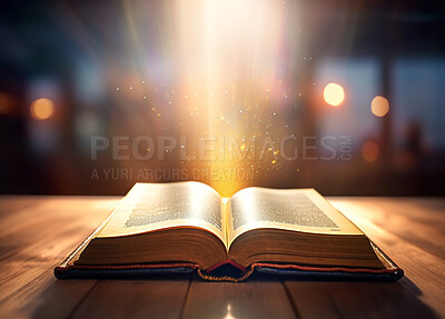 Buy stock photo Education, fantasy and spiritual with book and light on table for fairytale, imagination and night. Ai generated, inspiration and magic with literature and beam for magical, learning and hope