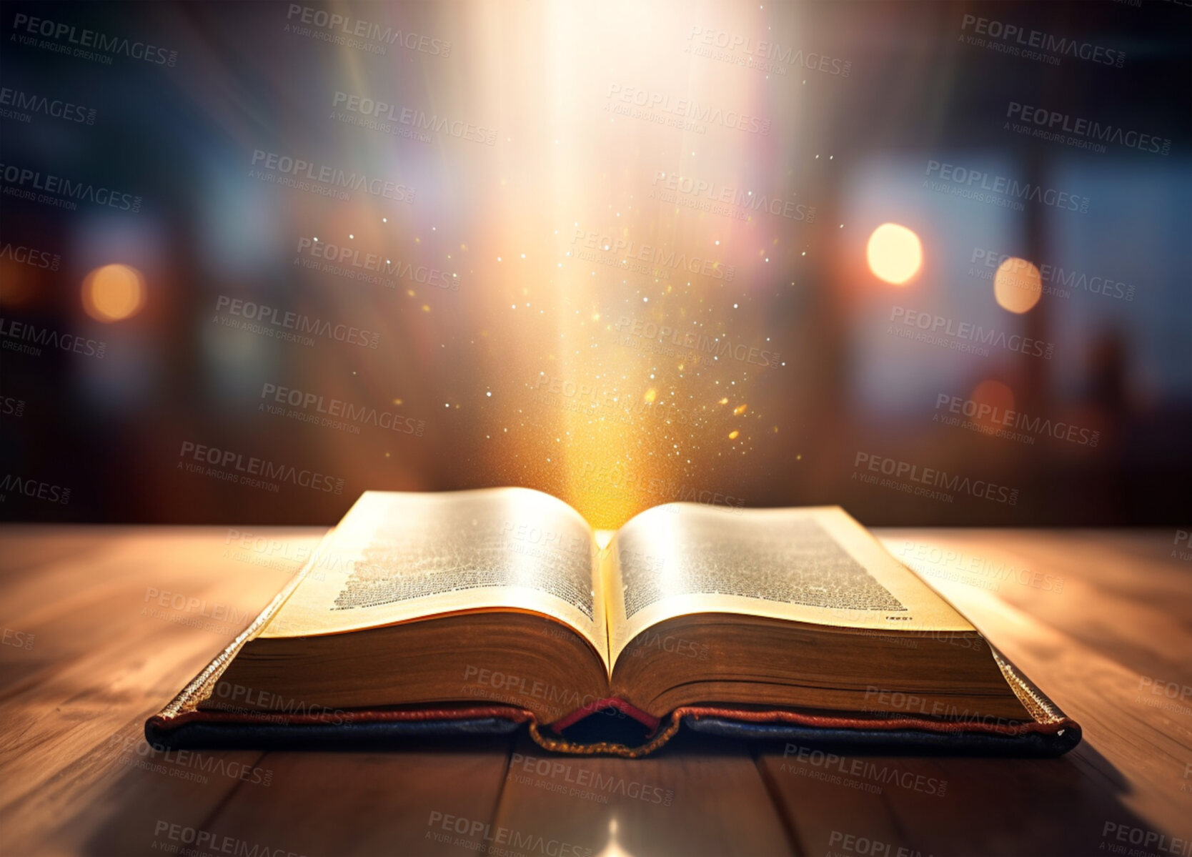 Buy stock photo Education, fantasy and spiritual with book and light on table for fairytale, imagination and night. Ai generated, inspiration and magic with literature and beam for magical, learning and hope