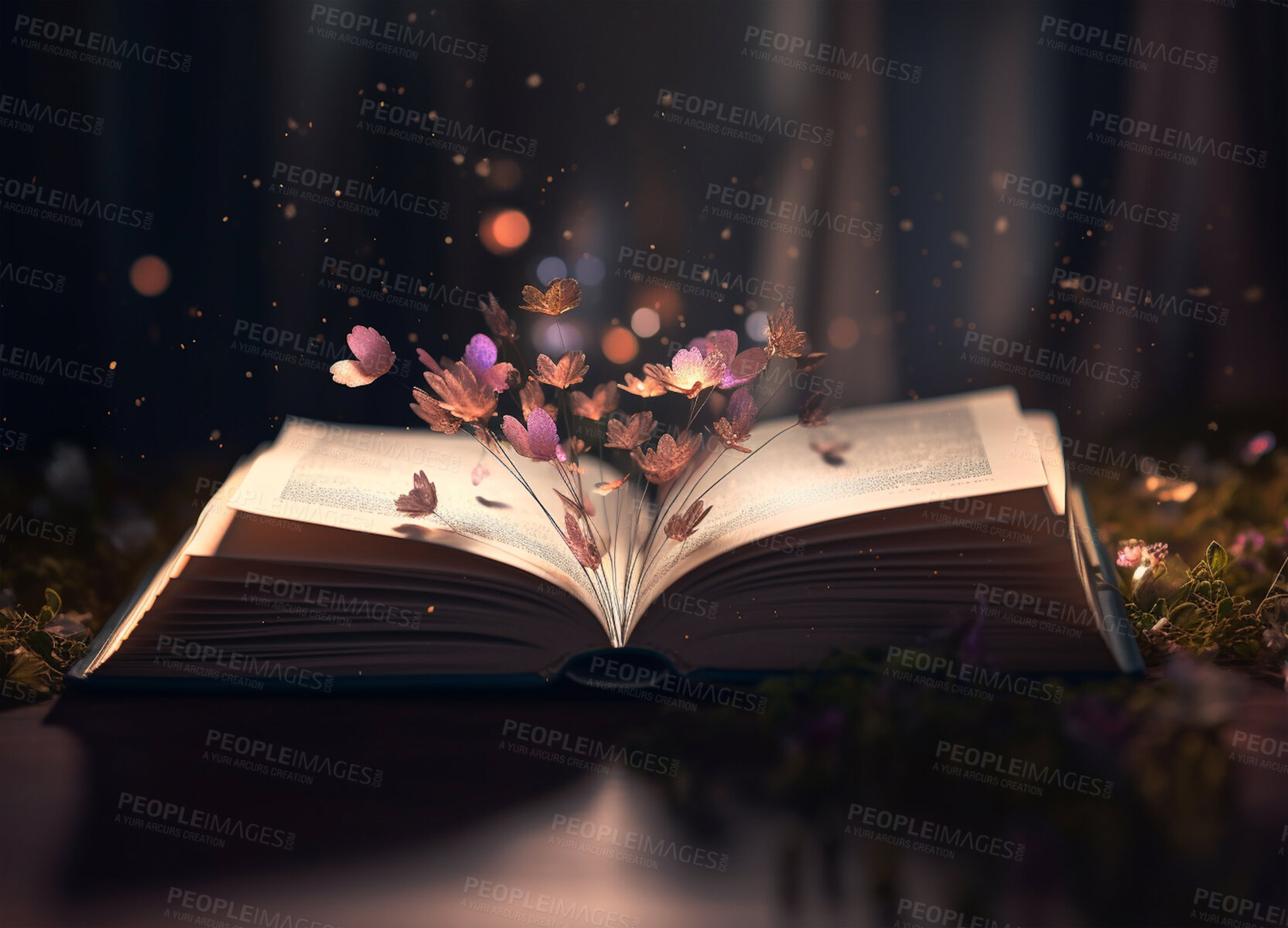 Buy stock photo Education, magic and growth with book and plant on table for fairytale, imagination and night. Ai generated, inspiration and fantasy with literature and flowers for magical, learning and development