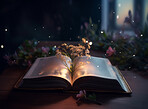 Fantasy, magic and learning with book and flower for fairytale, imagination and education. Ai generated, inspiration and growth with literature closeup and plant for magical, night and development