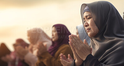 Buy stock photo Prayer, faith and gratitude with woman in nature for worship, zen and spirituality. Praying, ai generated and connection with women at beach and traditions for god, mindfulness or chakra practice