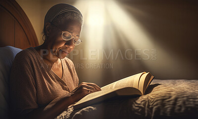 Buy stock photo Prayer, senior and bible with black woman in bedroom for worship, holy text or spirituality. Praying, ai generated and connection with person and book at home for faith, mindfulness and Christianity