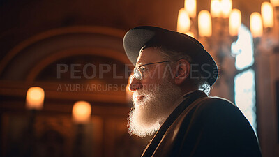 Buy stock photo Prayer, jewish and teaching with old man in synagogue for worship, holy and spirituality. Praying, ai generated and connection with rabbi and traditions for faith, mindfulness and orthodox