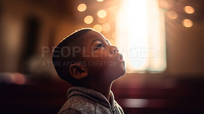 Buy stock photo Prayer, christian and thinking with black child in church for worship, holy spirit and spirituality. Praying, ai generated and connection with person and traditions for faith, hope and Christianity