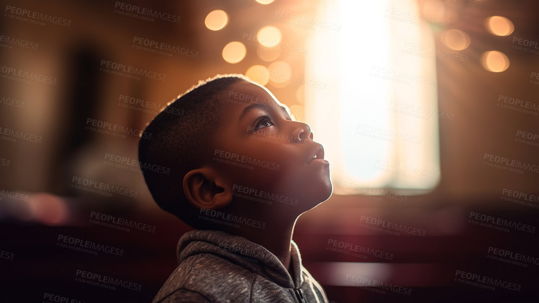 Buy stock photo Prayer, christian and thinking with black child in church for worship, holy spirit and spirituality. Praying, ai generated and connection with person and traditions for faith, hope and Christianity