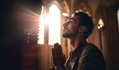 Buy stock photo Prayer, christian and worship with man in church for god, holy spirit and spirituality. Praying, ai generated and connection with person and traditions for faith, mindful and Christianity