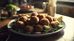 Food, health and fine dining with falafel in restaurant for kitchen, hospitality and nutrition. Menu, diet and ai generated with closeup of middle eastern cuisine for dinner, cooking and retail