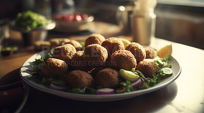 Buy stock photo Food, health and fine dining with falafel in restaurant for kitchen, hospitality and nutrition. Menu, diet and ai generated with closeup of middle eastern cuisine for dinner, cooking and retail