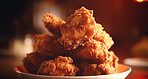 Food, kitchen and fine dining with fried chicken in restaurant for health, hospitality and nutrition. Menu, diet and ai generated with closeup of American cuisine for dinner, cooking and retail