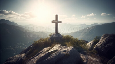 Buy stock photo Christian cross, mountain and sky in sunrise, landscape or nature for the resurrection of Jesus on cliff outdoors. AI generated crucifixion of holy, religion or god symbol for worship in day light