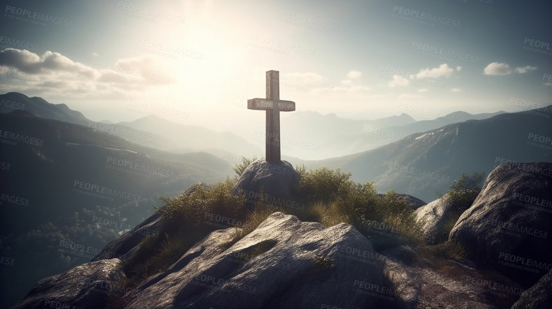 Buy stock photo Christian cross, mountain and sky in sunrise, landscape or nature for the resurrection of Jesus on cliff outdoors. AI generated crucifixion of holy, religion or god symbol for worship in day light