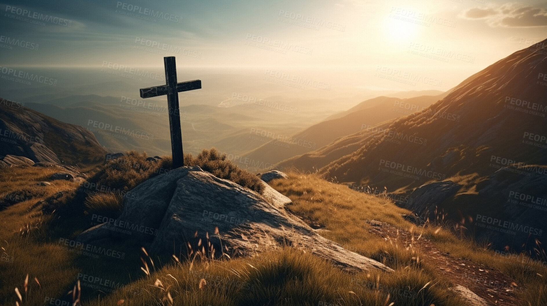 Buy stock photo Christian cross, mountain and hill in sunrise, landscape or nature for the resurrection of Jesus on cliff outdoors. AI generated crucifixion of holy, religion or god symbol for worship in day light