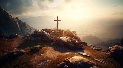 Buy stock photo Christian cross, mountain and hill in sunrise, landscape or nature for the resurrection of Jesus on cliff outdoors. AI generated crucifixion of holy, religion or god symbol for worship in day light