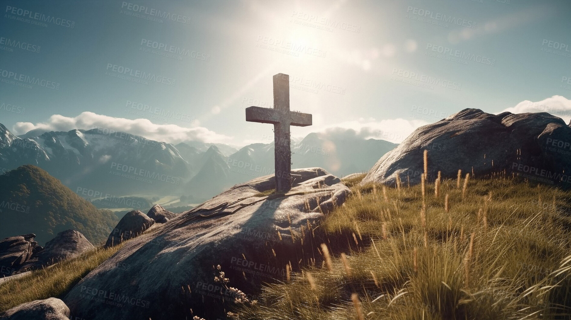 Buy stock photo Christian cross, mountain and hill in sunrise, landscape or nature for the resurrection of Jesus on cliff outdoors. AI generated crucifixion of holy, religion or god symbol for worship in day light