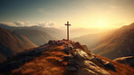 Christian cross, mountain and hill in sunset, landscape or nature for the resurrection of Jesus on cliff outdoors. AI generated crucifixion of holy, religion or god symbol for worship in day light