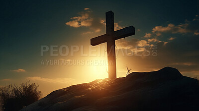 Buy stock photo Christian cross, mountain or low angle of holy light on hill, landscape or nature for Jesus resurrection on outdoor cliff. AI generated crucifixion, religion faith or god symbol for sunrise worship