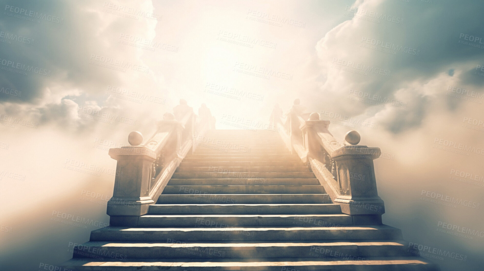 Buy stock photo Stairs, steps and way to heaven for God, religion and faith in spiritual passage, architecture and blue sky paradise. Ai generated, staircase and sunlight step for Catholic and Christian afterlife