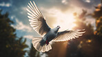 Closeup, dove and flying Christian bird for heaven, peace and calm in faith, religion and spiritual God on blue sky background. Ai generated, birds and animal for hope, holy and Catholic symbol