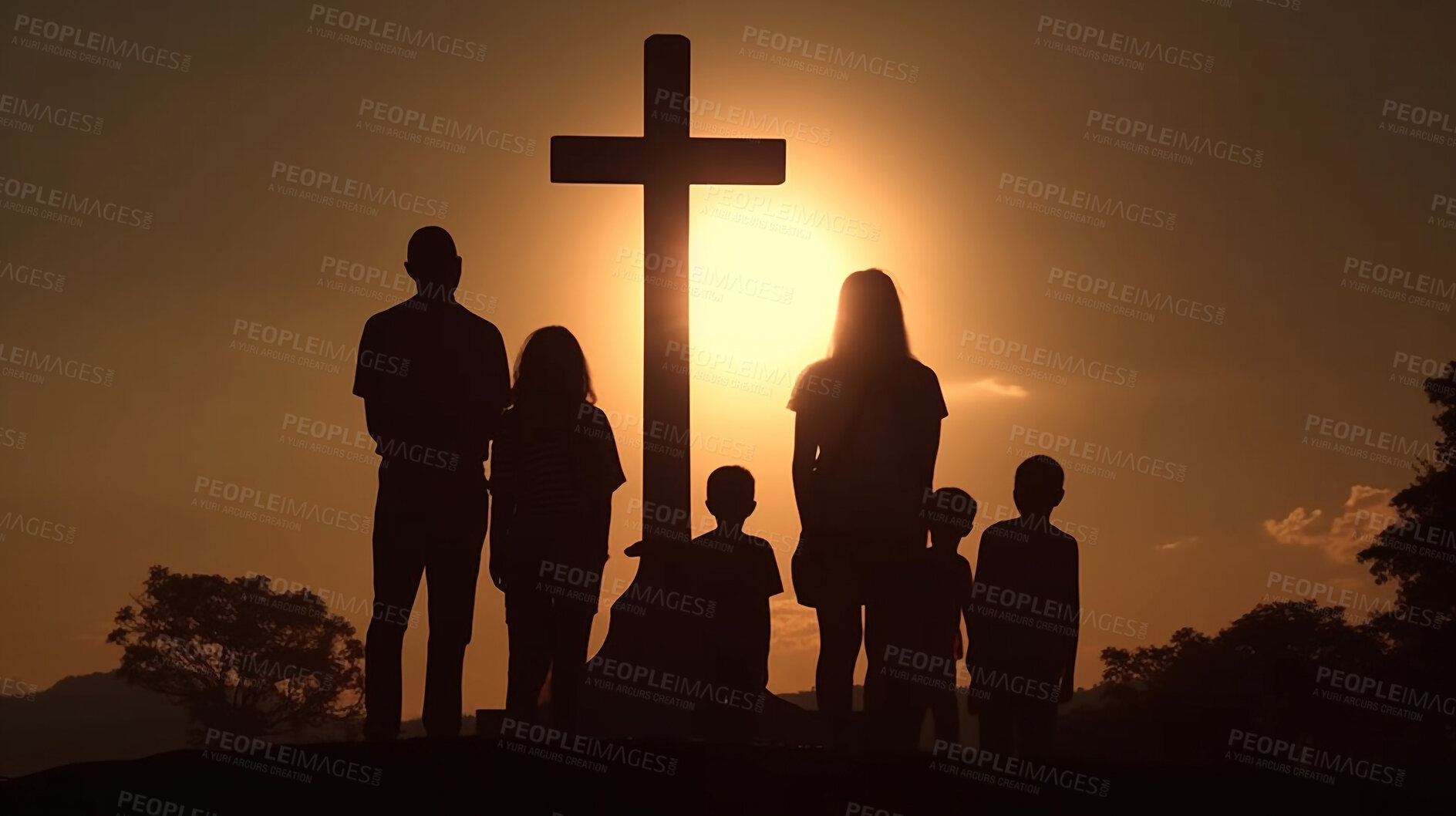 Buy stock photo Silhouette, people and Christian cross at sunset for praying, religion and funeral social gathering, Ai generated, family and crucifix statue at sunrise for prayer, worship and religion community