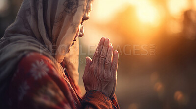 Buy stock photo Senior woman, praying and hands at sunrise for religion, faith and spiritual worship for Catholic God. Ai generated, elderly and old person with prayer hands for hope, Christian and thank you