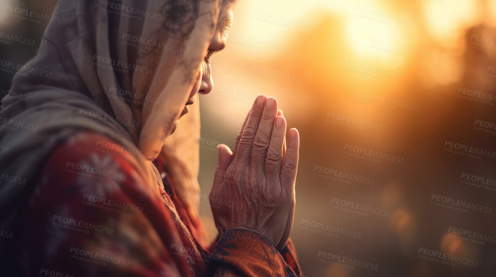 Buy stock photo Senior woman, praying and hands at sunrise for religion, faith and spiritual worship for Catholic God. Ai generated, elderly and old person with prayer hands for hope, Christian and thank you