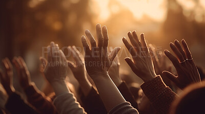 Buy stock photo Closeup, hands and arms raised for prayer, worship and spirituality at sunrise for Catholic, religion and God. Ai generated, people and Christians in thank you, praise and spiritual community sunset