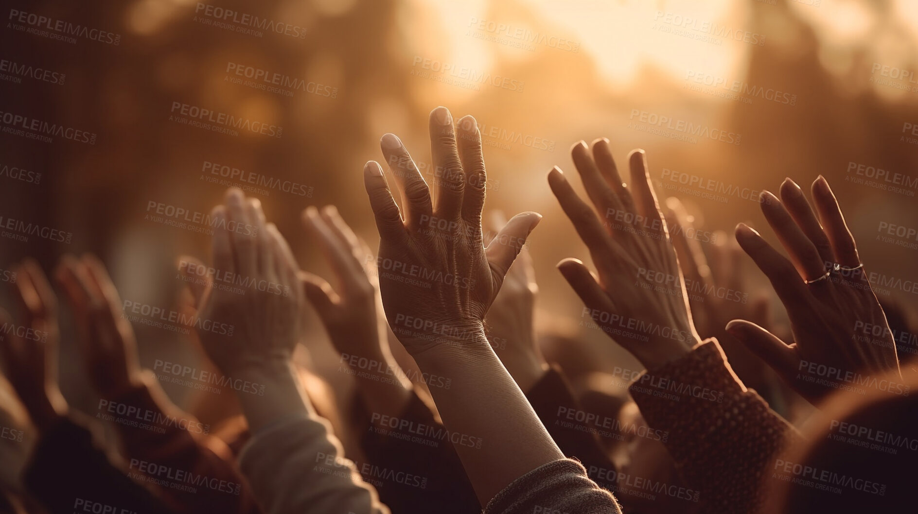 Buy stock photo Closeup, hands and arms raised for prayer, worship and spirituality at sunrise for Catholic, religion and God. Ai generated, people and Christians in thank you, praise and spiritual community sunset