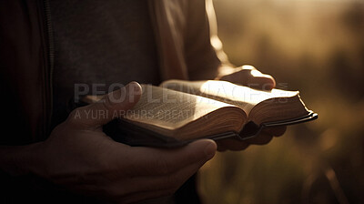Buy stock photo Closeup, hands and reading bible for chapel in learning, education and spiritual studying for faith, religion and Christian God. Ai generated, books and person for prayer and Catholic church book