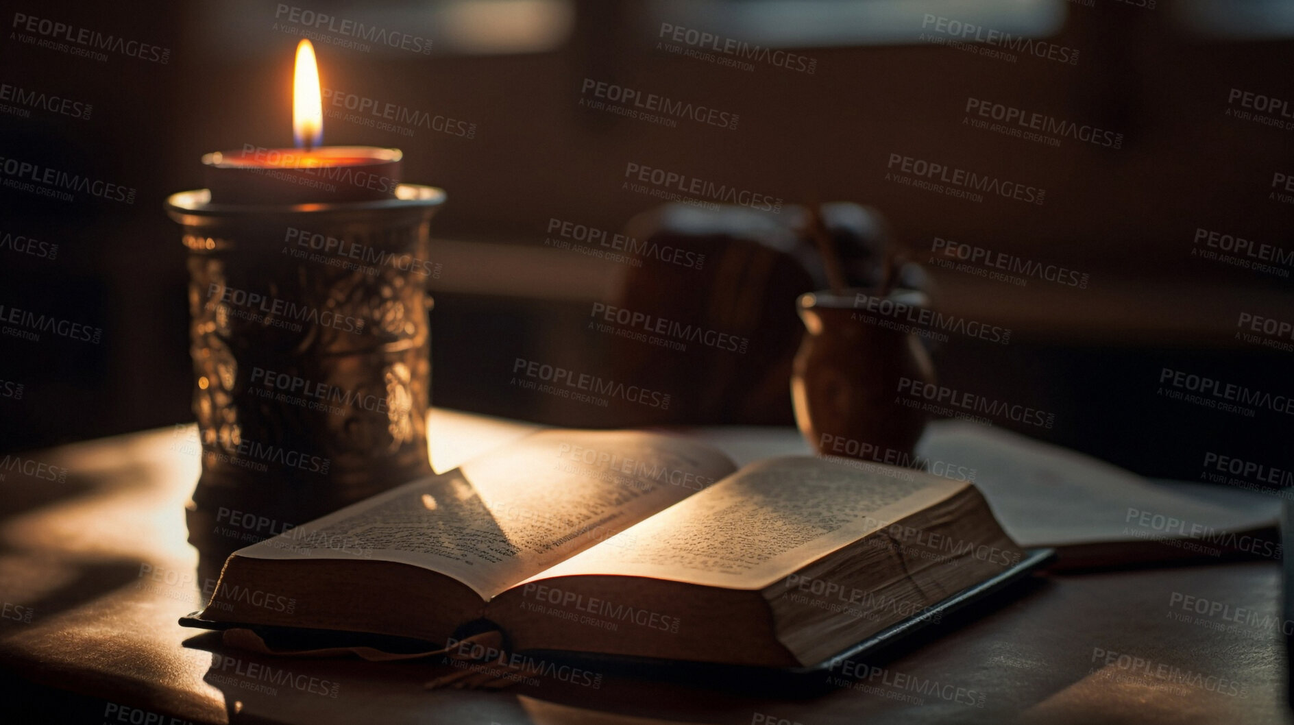 Buy stock photo Closeup, candle and bible book in church for learning, education and spiritual studying for faith, religion and Christian God. Ai generated, books and fire for prayer, praying and Catholic chapel