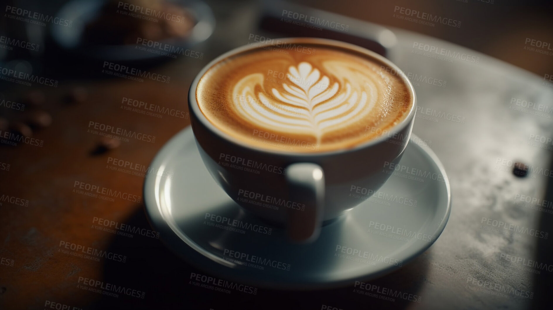 Buy stock photo Closeup, cappuccino and drink on coffee shop, cafe and restaurant table for a weekend, break and rest with winter hot drink. Ai generated, cup and mug with warm liquid, beverage and espresso drinks